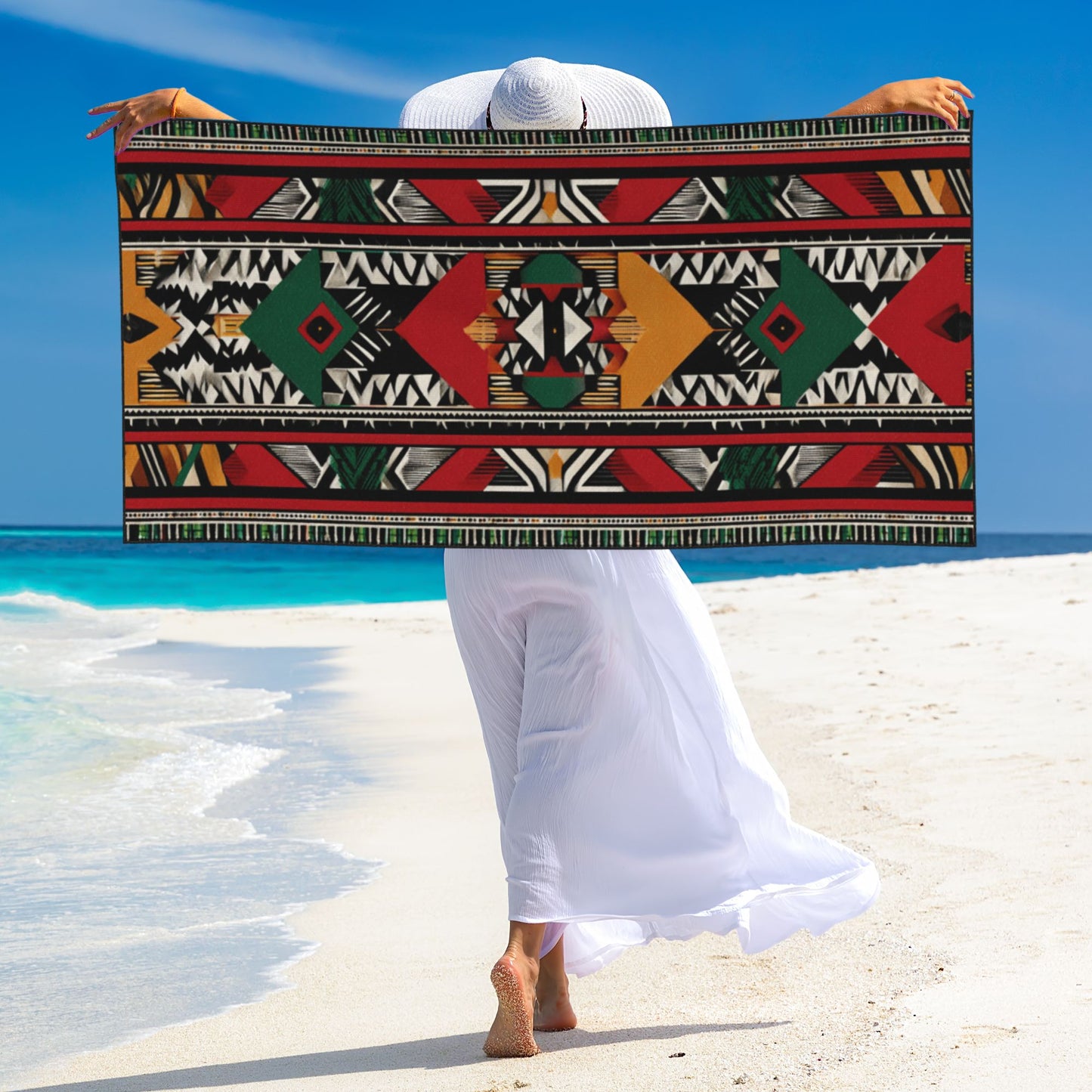 Ethnic Geometric Pattern Peach Skin Beach Towel 55×27.5in – Soft, Quick-Dry, Multi-Purpose Outdoor Blanket