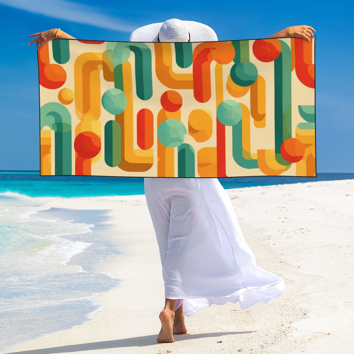Retro Geometric Peach Skin Beach Towel – 55×27.5in Soft, Quick-Dry, Lightweight & Multi-Use