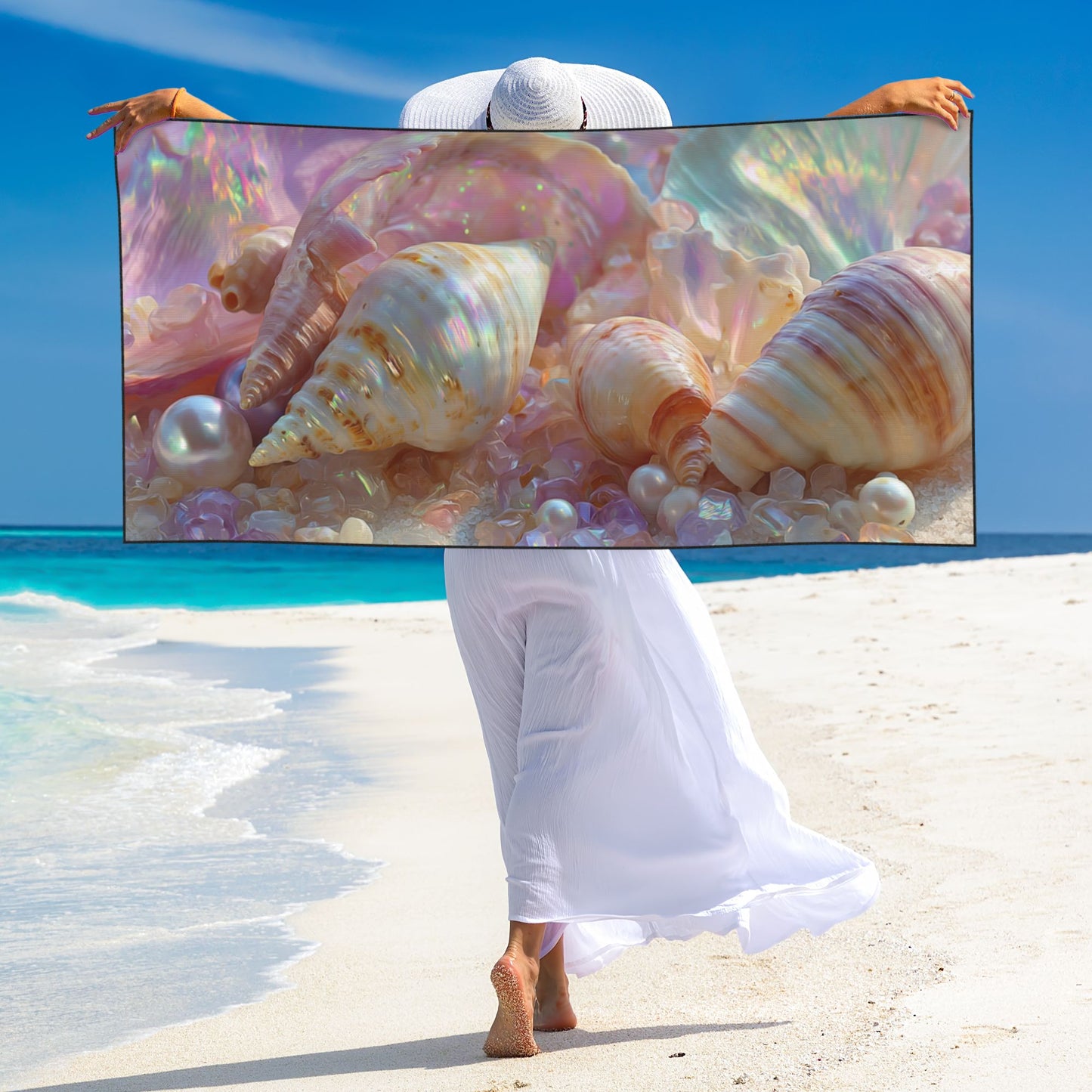 Iridescent Seashell and Pearl Peach Skin Beach Towel – 55×27.5in Quick-Dry Soft Lightweight Towel for Outdoor & Travel Use