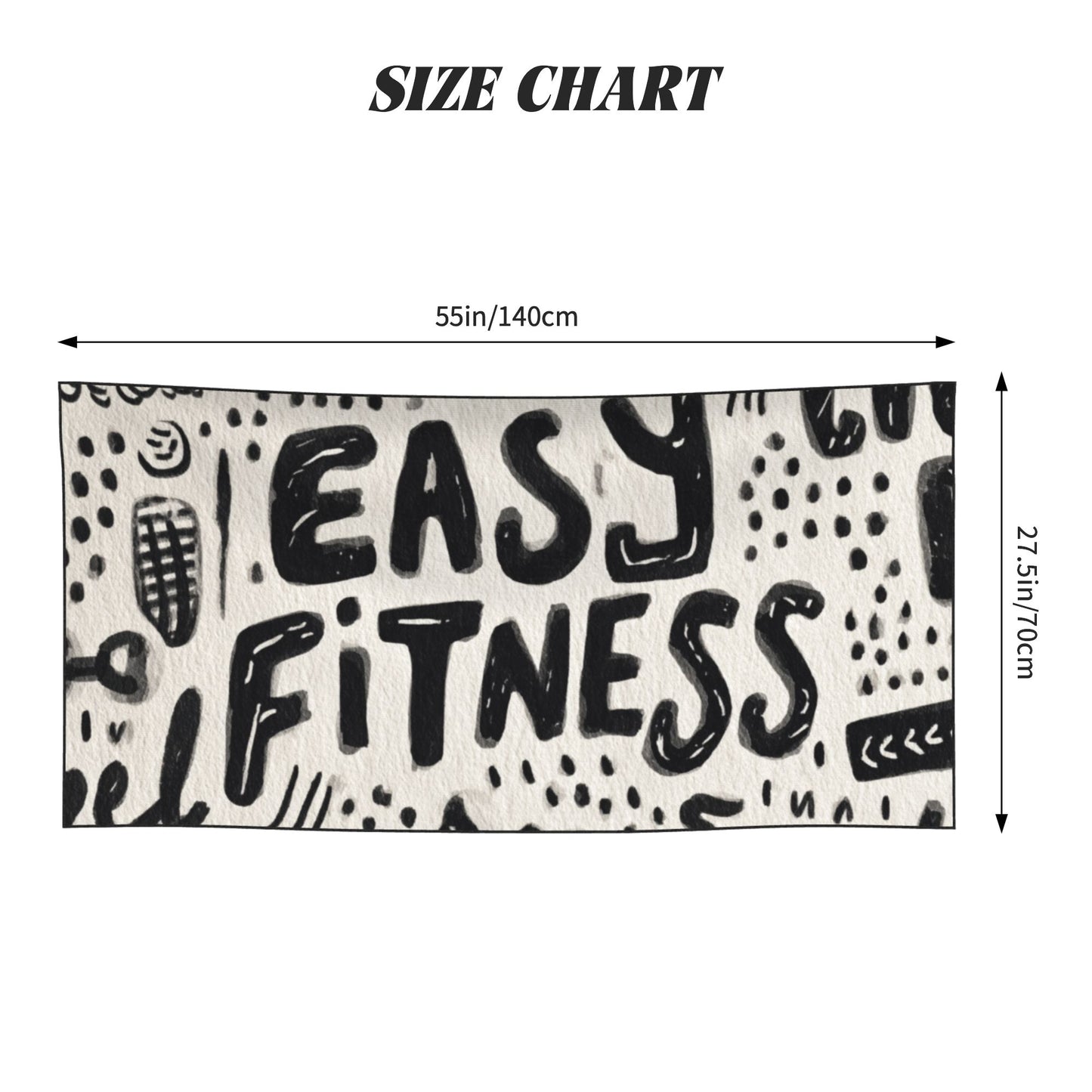 Black & White “EASY FITNESS” Hand-Drawn Peach Skin Beach Towel – 55×27.5in Quick-Dry Lightweight Sports Towel