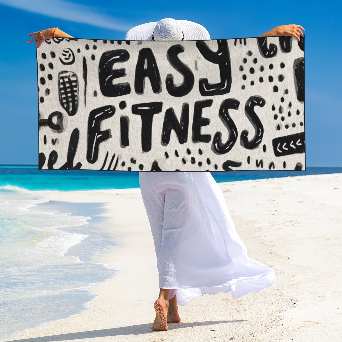 Black & White “EASY FITNESS” Hand-Drawn Peach Skin Beach Towel – 55×27.5in Quick-Dry Lightweight Sports Towel
