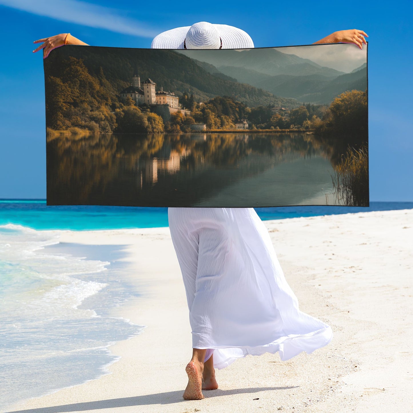 Castle by the Lake Peach Skin Beach Towel – 55×27.5in Classic Landscape Quick-Dry Travel Towel