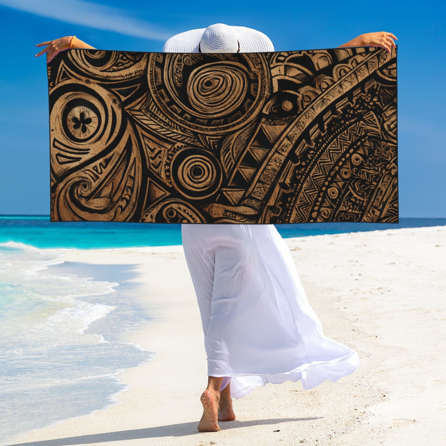 Tribal Gold & Black Peach Skin Beach Towel – 55×27.5in Soft, Quick-Dry, Multi-Purpose Outdoor Blanket