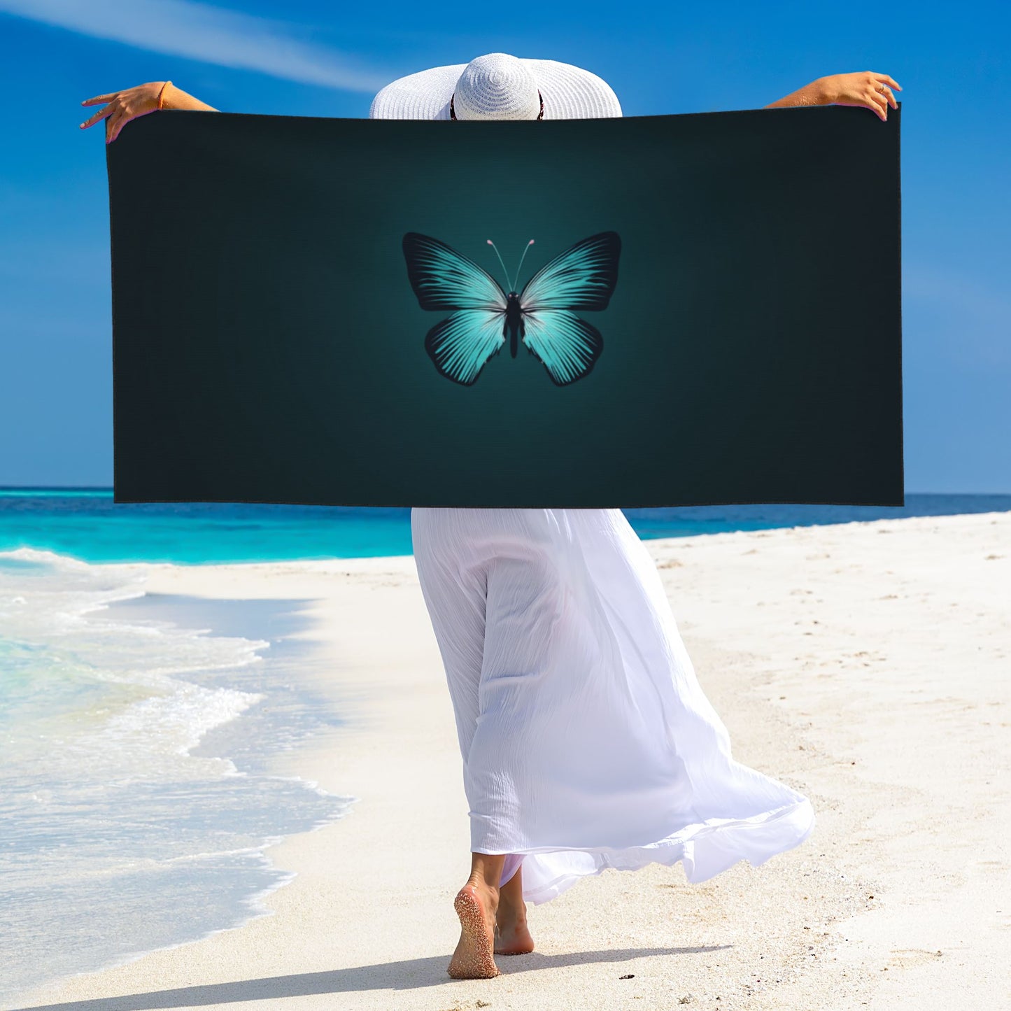 Blue Butterfly Peach Skin Beach Towel – 55×27.5in Soft, Quick-Dry, Lightweight Outdoor Bath Towel