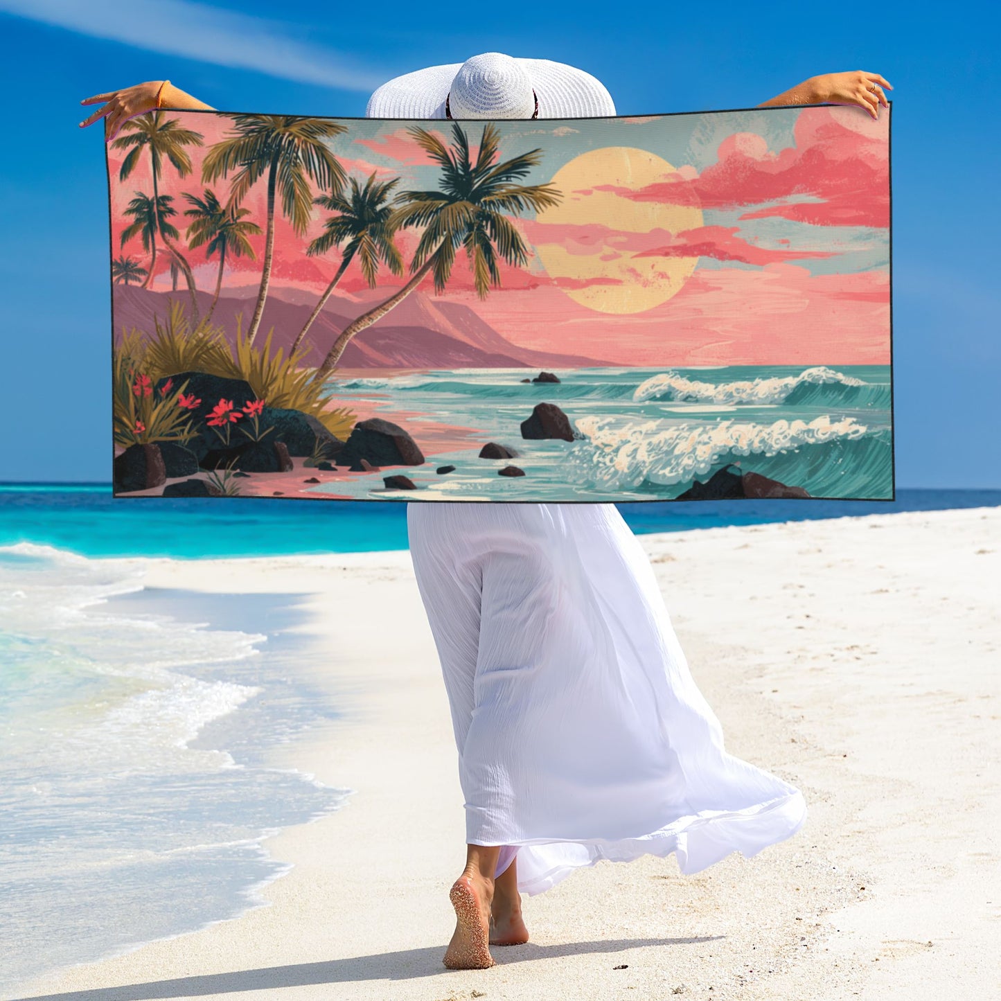 Tropical Sunset Beach Towel – 55×27.5in Soft Peach Skin Quick-Dry Lightweight Towel for Travel, Beach, and Outdoor Use