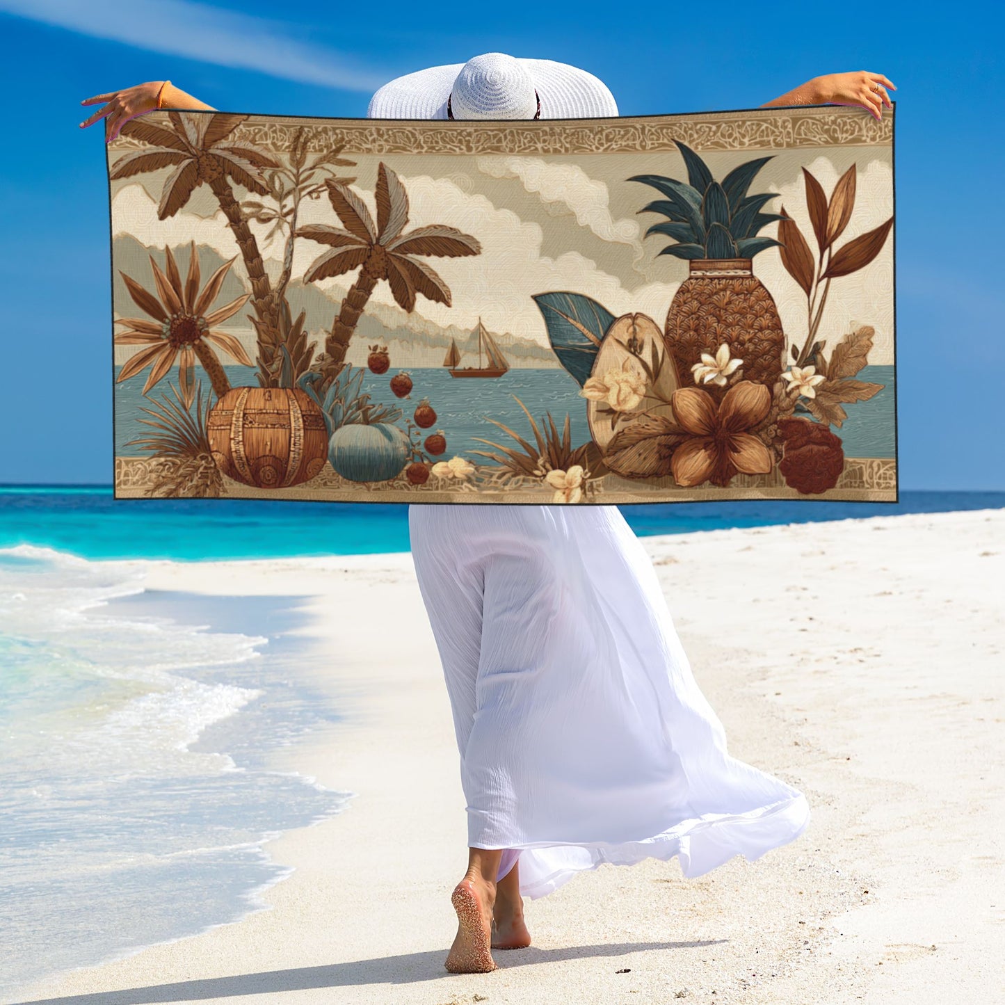 Vintage Tropical Fruit and Sailboat Peach Skin Beach Towel – 55×27.5in Quick-Dry Soft Lightweight Multipurpose Towel