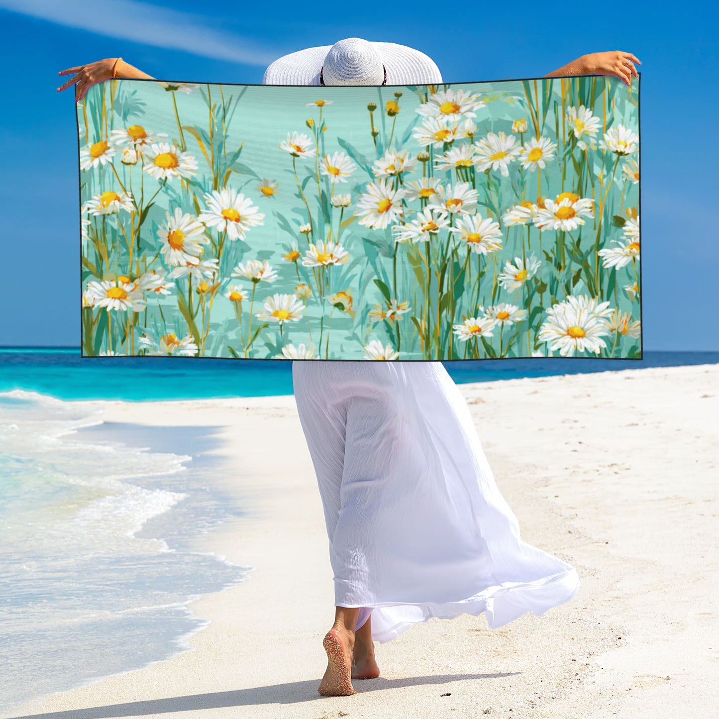 Daisy Floral Peach Skin Beach Towel – 55×27.5in Quick-Dry Lightweight Summer Towel for Travel, Yoga, and Outdoor Use
