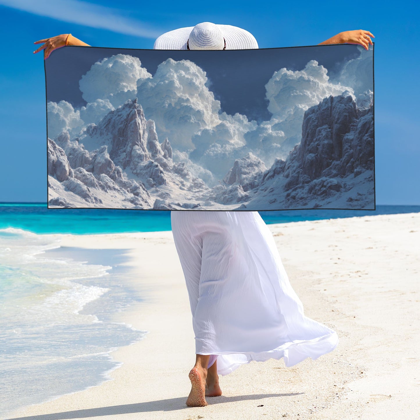 Snowy Mountains and Clouds Peach Skin Beach Towel – 55×27.5in Lightweight Quick-Dry Scenic Travel Towel