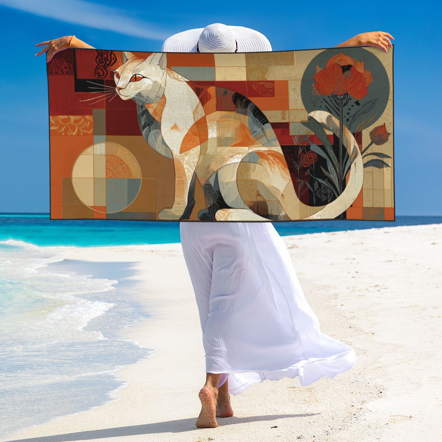 Retro Cat Art Peach Skin Beach Towel – 55×27.5in Geometric Style Quick-Dry Decorative Tapestry